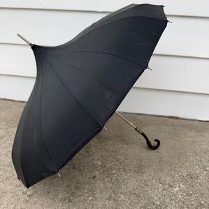 Black Nylon Parasol Vintage Umbrella Pagoda Style USA